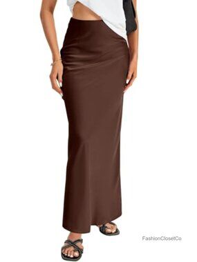 Satin Silky High Waist A-Line Maxi Skirt Ankle Length Flowy